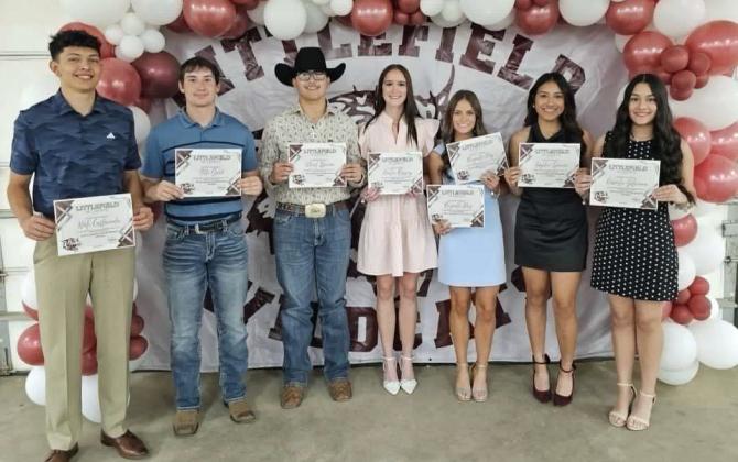 Eight Littlefield student-athletes were awarded Scholastic Achievement Awards at the 2026 Littlefield Athletic Banquet held on Monday night. (L-R): Nate Castaneda, Tate Clark, Uriel Ibarra, Kealee Bussey, Bryndle Ray, Sophie Garcia and Kamila Silveira. (Not Pictured): Jose Mando-Payan. (Staff Photo by Derek Lopez)
