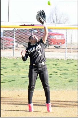 Haylee Toscano catches a pop up at shortstop, during the top of the first inning of the Nettes’, 11-9, victory over Ralls in their districtopener on Tuesday in Sudan. (Staff Photo by Derek Lopez)