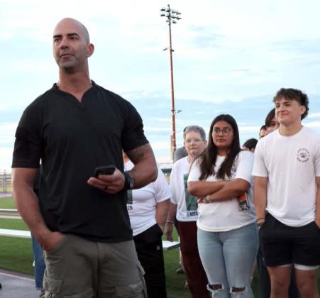 Littlefield’s Garry Ozbirn, addresses the Littlefield senior students on Wednesday morning at Senior Sunrise at Wildcat Stadium to kickoff the first day of school. (Photo by Ann Reagan)