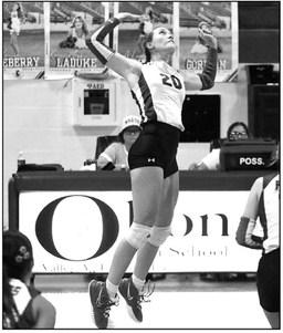 Olton’s Kaleigh Geldenhuys goes up to deliver a kill, during the second set of the Fillies, loss to Littlefield last Tuesday in Olton. (Staff Photo by Derek Lopez)