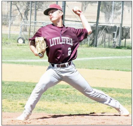 CARVING UP BATTERS – Littlefield freshman, Major McNeese, pitched four innings on Saturday, giving up one walk and one run, while earning 10 strikeouts, during the Wildcats, 20-1, victory over Muleshoe on Saturday in five innings. (Staff Photo by Derek Lopez)