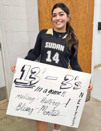 Sudan senior, Blessy Montes drained 13 threes on Tuesday night in the Nettes’ victory over Lockney to break the school record of 11, which was set by Stevi Lockhart. (Submitted Photo)