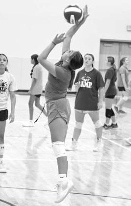 Littlefield volleyball campers were hard at work Tuesday, during the afternoon session of the Lady Cat Volleyball Camp at Littlefield High School’s Aux Gym. (Staff Photos by Derek Lopez)
