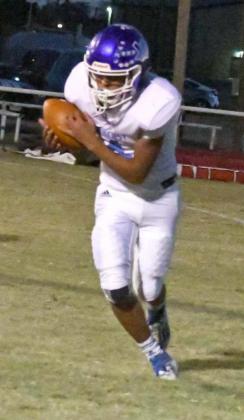 GETTING ON THE BOARD – Amherst junior, Jaime Garcia, catches a pass from senior, Omar Reyes, for a 13-yard touchdown for the Bulldogs’ first score of the game against the Whitharral Panthers on Friday. (Staff Photo by Derek Lopez)