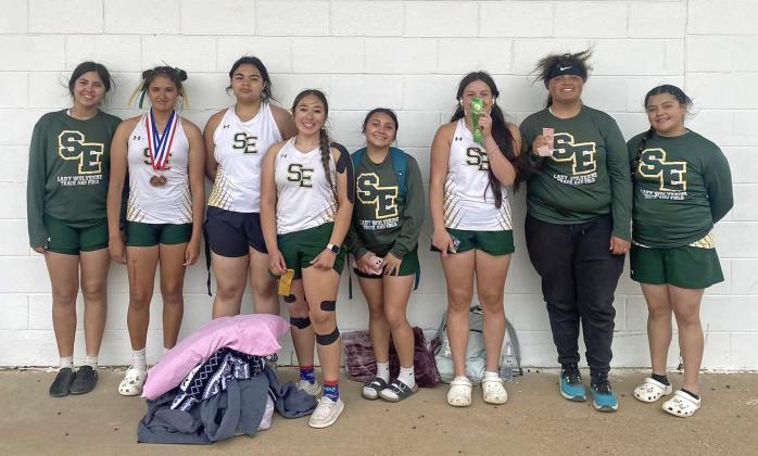 The Springlake-Earth Lady Wolverines’ varsity track team competed at the District 4-1A Track Meet on Tuesday at Kress. Shawni Harrison qualified for Area in the discus placing fourth overall with a throw of 74’7.5” and Jocelyn Salas qualified for Area in the 100-meter hurdles placing third with a time of 17.68 and she also qualified in the 300-meter hurdles, placing third with a time of 52.90. (Submitted Photo)