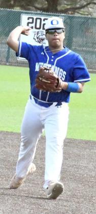 GETTINGOUTOFTHEINNING - Olton second baseman, Fabian Gutierrez, fields a ground ball and tosses it to first for the out, during the Mustang’s seeding game win over New Deal on Monday in Littlefield. (Staff Photo by Derek Lopez)