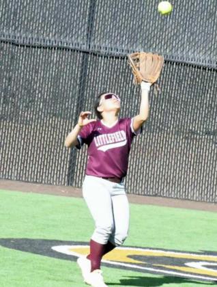 GETTING THE OUT – Littlefield senior center fielder, Tricia Torres, runs up and catches a ball in the air for an out in shallow center field, during the Lady Cats’, 10-1, loss to Lamesa in their second meeting of district play on Friday. (Staff Photo by Derek Lopez)