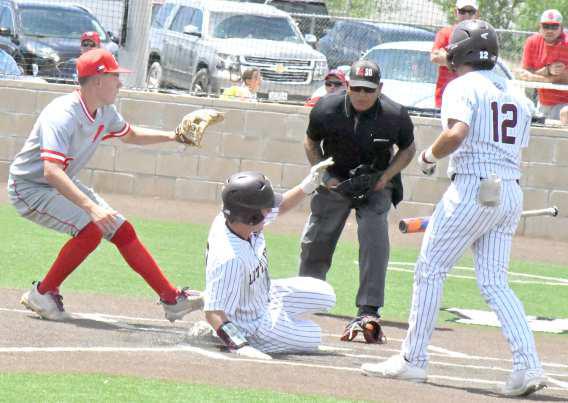 THE WINNING RUN - Littlefield sophomore, Major McNeese, ripped a lead-off triple in the bottom of the fifth against Stanton and stole home on a past ball to help the Wildcats walk it off against the Buffaloes, 10-0, in game two of their Bi-district play-off series on Saturday in Lamesa. (Staff Photo by Derek Lopez)