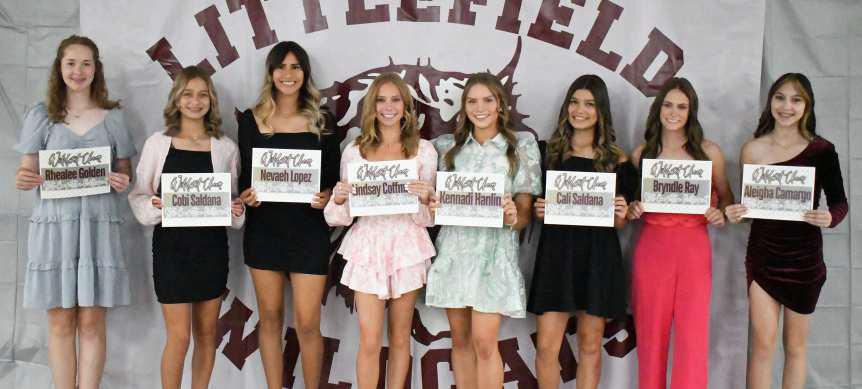 2023-2024 VARSITY CHEERLEADERS - Mascot Rhealee Golden, Cobi Saldana, Nevaeh Lopez, Lindsay Coffman, Kennadi Hanlin, Cali Saldana, Bryndle Ray and Aleigha Camargo. (Staff Photo by Derek Lopez)