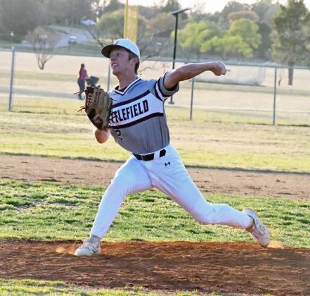 Littlefield’s Major McNeese pitched a complete game for the Wildcats on Tuesday throwing seven innings, giving up five hits, three walks and three runs, none of which were earned. He also struck out 12 batters in the contest. (Staff Photo by Derek Lopez)