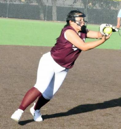 NOTHING HITS THE GROUND – Littlefield freshman shortstop, Natalia Sanchez, catches a short pop fly behind third base for out number two in the top of the fifth inning, during the Lady Cats’, 14-2, walk-off victory over the Alpine Lady Bucks on Thursday at Big Spring in the 3A Bi-district round of the play-offs. (Staff Photo by Derek Lopez)
