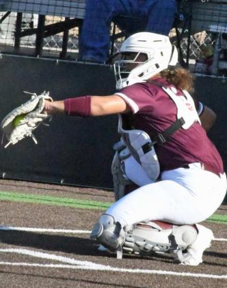 STRIKE THREE – Littlefield junior catcher, Kaeleigh Logan, catches strike three, to retire the side in the top of the sixth inning, during the Lady Cats’, 14-2, walk-off victory over the Alpine Lady Bucks on Thursday at Big Spring in the 3A Bi-district round of the play-offs. (Staff Photo by Derek Lopez)
