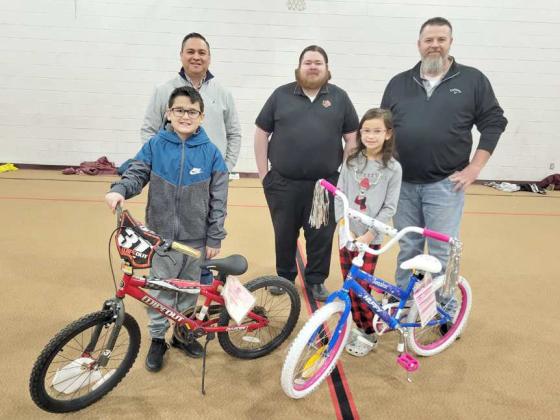 PERFECTATTENDANCE BIKE WINNERS - Friday, Dec. 16, names were drawn for the perfect attendance bikes for the first semester at Littlefield Elementary. The winners were Ian Mata and Alexa Flores. The Bikes were donated by the Littlefield Rotary Club. (Shown L-R): Dezi Vargas, Mata, Derek Purdon, Flores and Jason Hunter. (Submitted Photo)