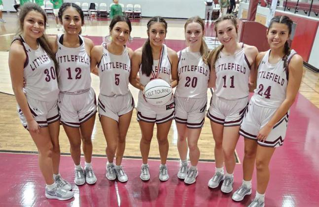 The Littlefield Lady Cats’ varsity basketball team defeated the Blue Ridge Lady Tigers on Saturday, 6124, to take third place in the Roosevelt Tournament this weekend. In pool play on Thursday, the Lady Cats defeated White Deer, 60-23, but they fell to Floydada, 54-50. On Friday, they defeated Tulia, 48-23. (L-R): Ari Castillo, Amiah Elizondo, Jazmine Rosalez, Arianna Cruz, Kennadi Hanlin, Marysa Saenz and Danica Jouett. (Not Shown): Cali Saldana. (Staff Photo by Derek Lopez)