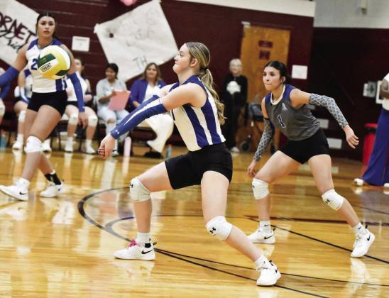 Olton’s Taryn Smith digs out a ball, during the second set of the Fillies’ Bidistrict victory over Highland Park on Saturday at Tulia High School. (Staff Photo by Derek Lopez)