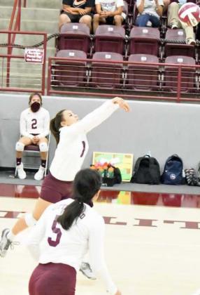 SENDING THE BALL OVER – Littlefield’s Trisha Torres sends a tip over the net, during the Lady Cats’ win over Dimmitt on Tuesday in straight sets. (Staff Photo by Derek Lopez)