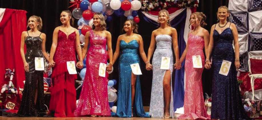 A’Lee Griffin, Hollie Beelitz, Claire Lostroh, HalleeKate Huguley, Jeri Holcomb, Mollie Morphis and Magaly Rios await the competition results at Olton’s annual Miss Sandhills Sweetheart Pageant on July 30, 2026. (Photo by Madison Vidales)