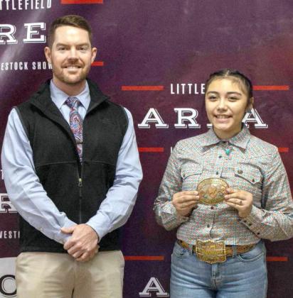 Ruby Macias of Amherst won the Junior Lamb Showmanship Award. (Photo by Madison Vidales)