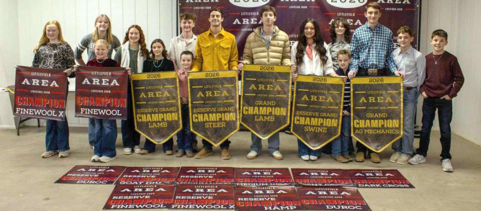 Sudan 4-H presents their awards and pose for a photo at the Littlefield Area Stock Show Auction on January 17, 2026. (Photo by Madison Vidales)