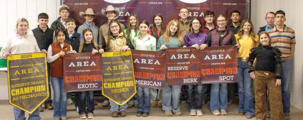 Littlefield FFA presents their awards and poses for a photo at the Littlefield Area Stock Show Auction on January 17, 2026.
