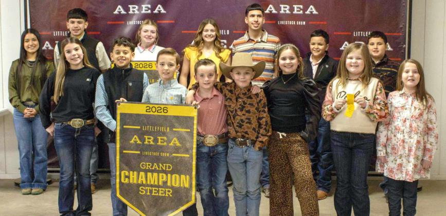 First-year stock show participants pose for a photo at the Littlefield Area Stock Show Auction on January 17, 2026.