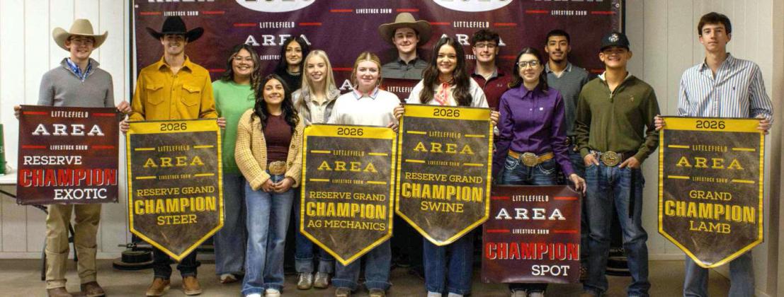Senior stock show participants pose for a photo at the Littlefield Area Stock Show Auction on January 17, 2026.