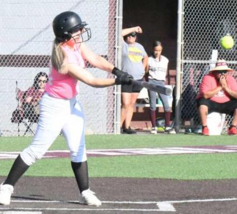 PUTTING THE BALL IN PLAY – Sudan’s Victoria Leal puts the ball in play against the Littlefield 14u softball team on Thursday during tournament play, the Nettes took the contest, 9-4, to advance to another elimination game against the Littlefield High School team Thursday night. (Staff Photo by Derek Lopez)