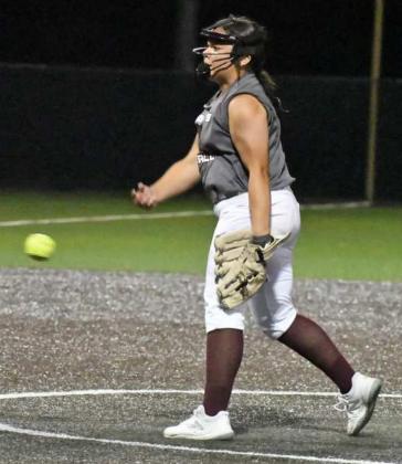 FIRING THE PITCH – Littlefield pitcher, Natalia Sanchez, fires in a pitch during the Lady Cats’ elimination game match-up against Sudan Thursday night. The Lady Cats took the contest, 19-5. to advance to the championship on Friday. Results were not available at press time. (Staff Photo by Derek Lopez)