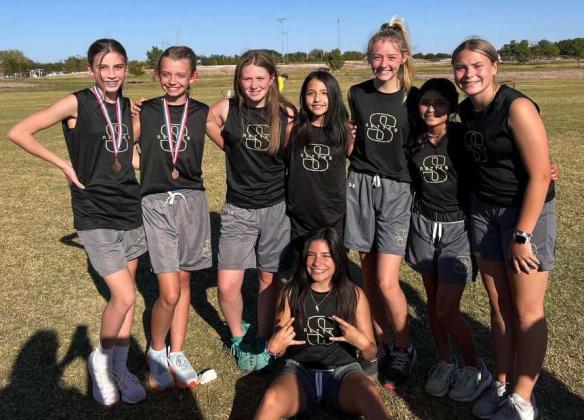 DISTRICT RUNNER-UPS – The Sudan Nettes’ junior high cross country team finished in second place at the district 4-2A Cross Country Meet at Lubbock Christian University on Monday. (Shown): Addison Cornelius, Anneke Van De Pool, Raquel Armendariz, Alissa Montes, Krissy Harris, Sophia Bellar, Danalei Kelley and Masyn Provence. (Submitted Photo)