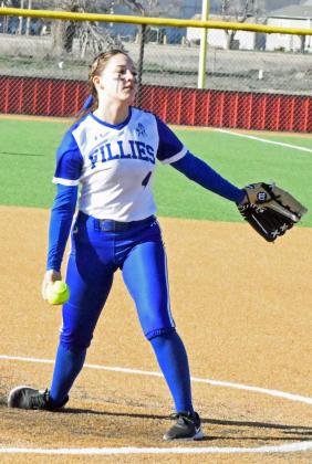 Olton pitcher, Emma Acker deliveres a pitch during the bottom of the second inning of the Fillies, 15-10, victory over the Kress Lady Roos in their tournament-opener at Lockney on Thursday. (Staff Photo by Derek Lopez)