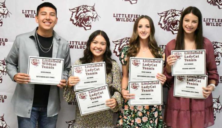 Tennis Awards - Jacob Hinojos,Outstanding Boy Tennis Player; Ale Rojas, Co-Outstanding Girl’s Tennis Player, Regional Qualifier; Chloe Sawyer, Co-Outstanding Girl’s Tennis Player, Regional Qualifier and Julie Bownds, Co-Outstanding Girl’s Tennis Player, Regional Qualifier