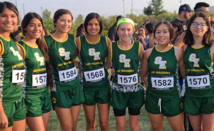 FIRST PLACE – The Springlake-Earth Lady Wolverines’ varsity cross country team competed a the Lubbock ISD Invitational on Saturday taking first place overall with 100 points. (Shown): Mahalia Delgado, Marisela Rodriguez, Emma Samaron, DD Delgado, Taytum Goodman, Aryca Ibarra and Reagan Ethridge. (Submitted Photo)