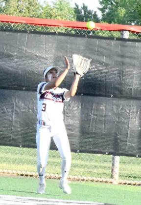 Littlefield senior, Cali Saldana, catches a fly ball for an out in the top of the third inning of the Lady Cats’ 10-1, loss to the Bushland Lady Falcons in Plainview on Thursday in their Class 3A-DI Bi-district play-off game. (Staff Photo by Derek Lopez)