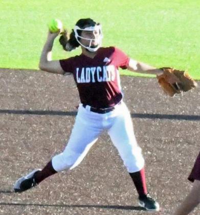 OUTAT FIRST —Littlefield third baseman, Malorie Garcia, fielded a ground ball and threw to first for the out, during the Lady Cat’s season-opener against Estacado. The Lady Cats run ruled the Lady Matadors in 4.5 innings. (Staff Photo by Derek Lopez)