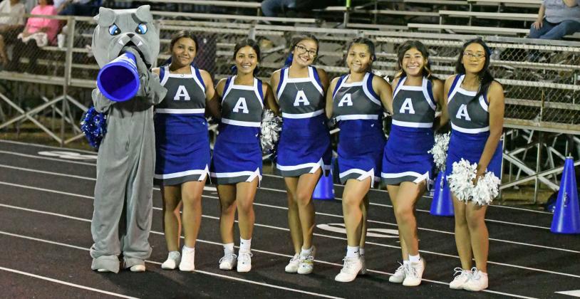The Amherst High School varsity cheerleaders cheered on the Bulldogs at Dawson Thursday night, as the Bulldogs brought home a victory, 30-0, over the Dragons. (Staff Photo by Derek Lopez)