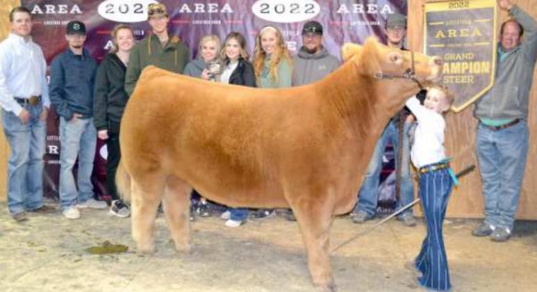 GRAND CHAMPION STEER, was shown by Paisli Claunch of Sudan 4-H. It appears all of her relatives and judge are with her.