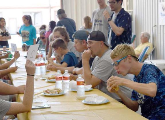 Contestants in the Hot Dog Eating Contest were left to right-Tyler Blackburn, Korben Jennings, Ricky Motsenbocker, Kori Klein, and Aiden Scaff. (Photo by Ann Reagan)