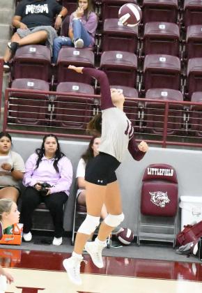 GOING FOR A KILL - Littlefield’s Julie Bownds goes up for a kill during the Lady Cats’ first set against Lamesa last Thursday in the Littlefield Tournament. The Lady Cats rallied back to take the match, 2-1. (Staff Photo by Derek Lopez)
