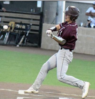 TYING THE GAME – Littlefield freshman, Major McNeese, rips a two-RBI triple down the first-base line to tie the game, 2-2, in the top of the fifth inning, during the Wildcats, 6-5, loss to Lamesa in their first meeting of district play on Friday. (Staff Photo by Derek Lopez)