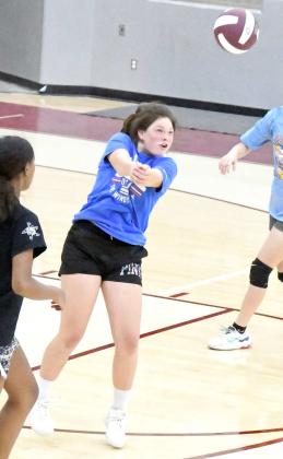 Hayley Frausto digs out a ball in the back row during serve and receive drills, during the Lady Cat’s first day of Two-a-days on Monday at Wildcat Gym. (Staff Photo by Derek Lopez)