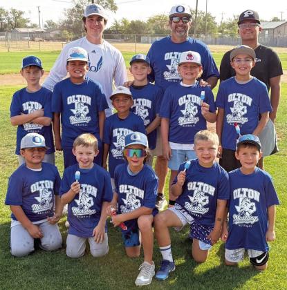 Shown are campers who attended the morning session of the Olton Youth Baseball Camp last week, with New Mustangs’ Head Baseball Coach Kris Cavazos. (Staff Photo by Derek Lopez)