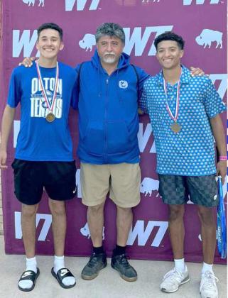 Olton’s Ryan Vega and Sebastian Sparkman took down Sudan’s Aspen Reyher and Tomas Chacon in the third- place match on Tuesday April 21st, punching their ticket to the State Tournament. The State Tournament will be held in San Antonio on May 7th and 8th. (Submitted Photo)
