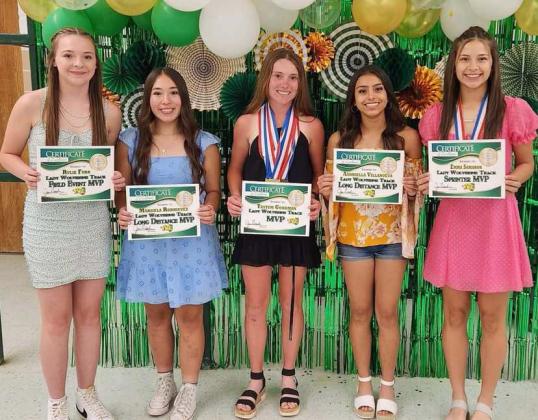 GIRL’s TRACK AWARDS - Field Event MVP, Rylie Furr, Co-Long Distance MVP, Marisela Rodriguez, MVP, Taytum Goodman, Co-Long Distance MVP, Aabriella Villanueva, Sprinter MVP, Emma Samaron. (Not Shown): Newcomer of the Year, Violeta Martinez.