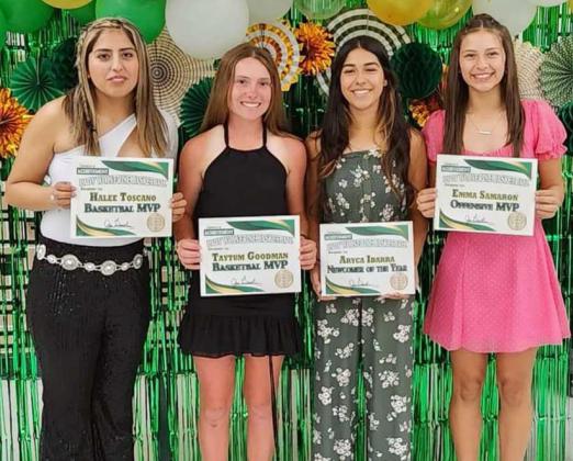GIRL’s BASKETBALL AWARDS - Co-MVP, Halee Toscano, Co-MVP, Taytum Goodman, Newcomer of the Year, Taytum Goodman, Offensive MVP, Emma Samaron. (Not Shown): Defensive MVP, Sydney Furr.