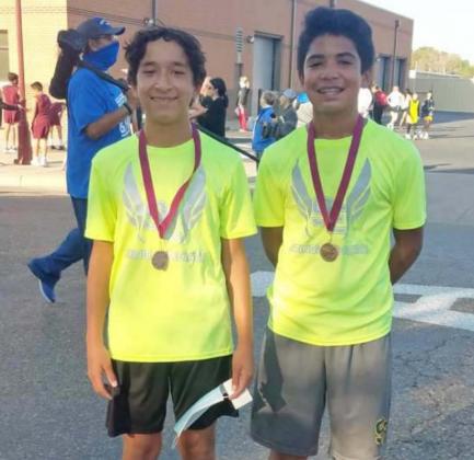 EARNING A MEDAL–The Springlake-Earth Wolverines’ junior high cross country team competed at the Abernathy Meet on Saturday. Luis Fuentes and Nehemiah Castillo earned medals at the meet. (Submitted Photo)