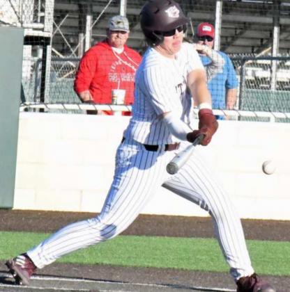 EXTRA BASES – Littlefield’s Brendon Bowman, rips a double over the head of Bushland’s right fielder for a double in the bottom of the fourth inning of the Wildcats, 7-6, victory over the Falcons on Friday in extra innings. (Staff Photo by Derek Lopez)