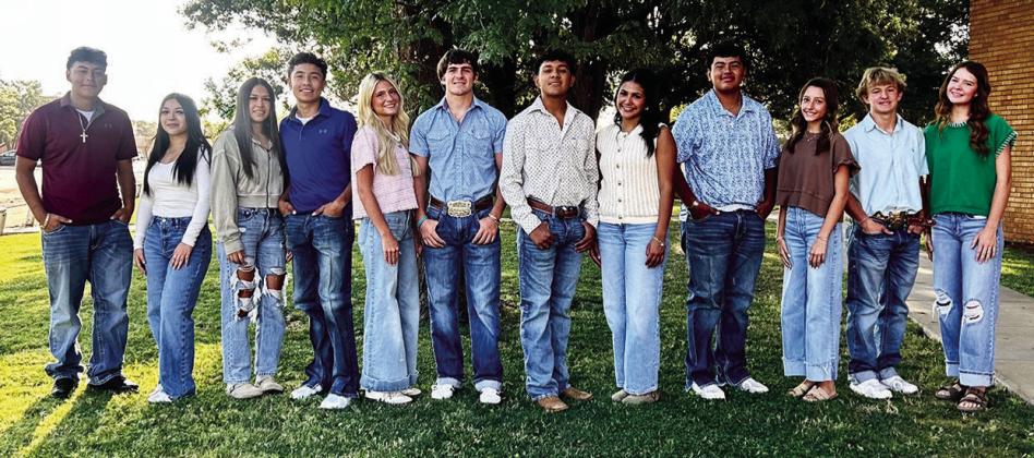 The 2026 Olton Homecoming Court Nominees are as follows L-R): freshmen, Angel Escalante and Isabella Ruiz; sophomores, Amethyst Huerta and Hernan Orozco; seniors, Harlow Gorman, Jett Tomsu, Casi Villareal and Kaybree Ramon; and juniors, Zakry Rios, Austyn Gorman, Callen Burns and Gentry Bressler. (Photo Courtesy of Mary Coleman)