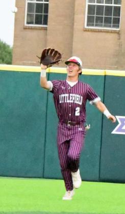 Littlefield senior center fielder, Major McNeese, catches a line drive for an out, during the bottom of the second inning of game 1 of their 3A Regional Semi-Final Series with Iowa Park on Friday. (Staff Photo by Derek Lopez)