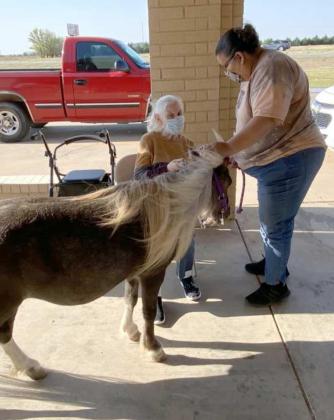PETTING HORSE—Kaye Lockwood, resident of Library of Legacy Assisted Living, is shown petting the special guest horse, Buttercup, as Marsha Troche, the assistant manager of the Library of Legacy Assisted Living, visits with Kaye as they both enjoy the horse. The horses are always enjoyed by the residents, every time they come to visit. (Photo by Krista Carpenter)