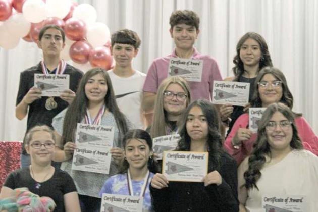 2023-2024 MOST OUTSTANDING SEVENTH GRADE STUDENTS - (Back): Jacob Fuentes, Nehemiah Beanes , Carlos Almance and Anali Jasso. (Middle): Melany Marquez, Miley Dewbre and Yanalee Montoya. (Front): Juliet Folmar, Leah Galan, Carlos Vasquez and Nayeli Mata. (Submitted Photo)